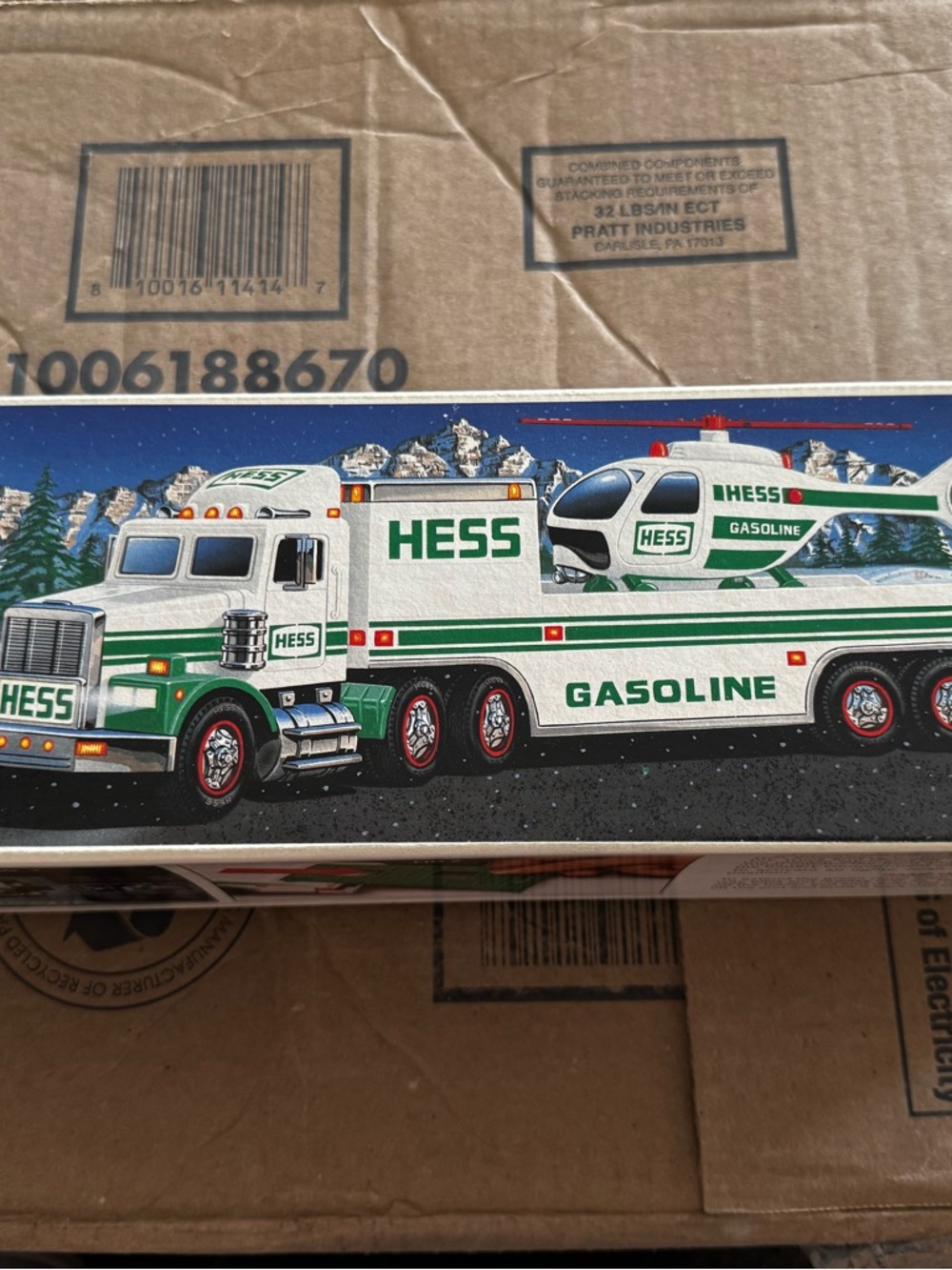 HESS Green & White Gasoline Truck and Helicopter Toy